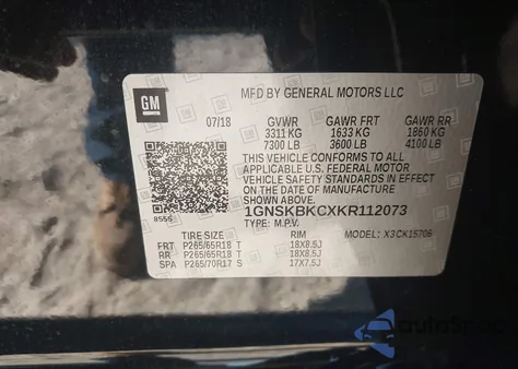 2019 Chevrolet Tahoe Lt z USA, uszkodzony, nr VIN 1GNSKBKCXKR112073